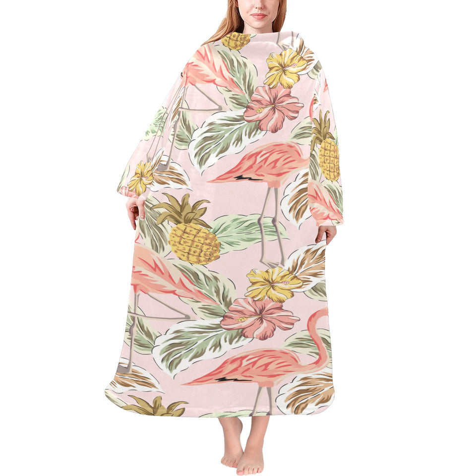 Pink flamingo birds pineapples hibiscus flower pat Blanket Robe with Sleeves