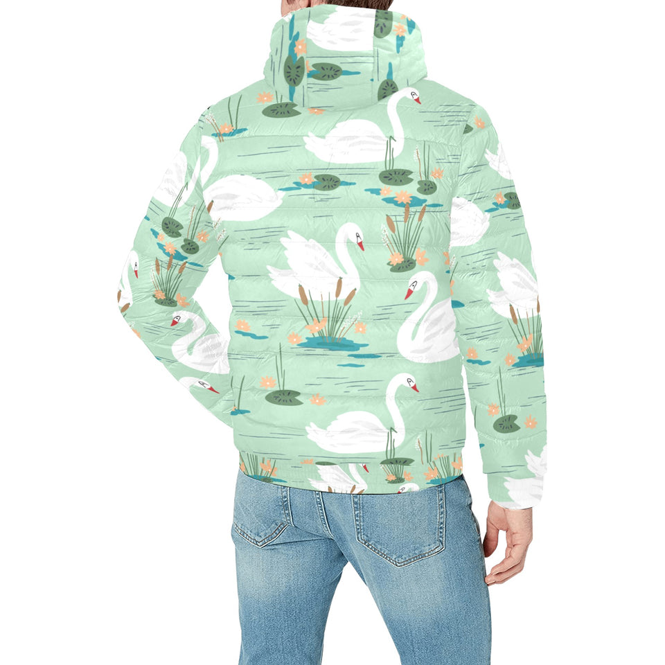 White swan lake pattern Men's Padded Hooded Jacket