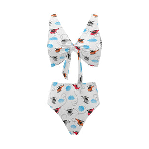 Watercolor helicopter cloud pattern Chest Bowknot High Waisted Bikini Swimsuit