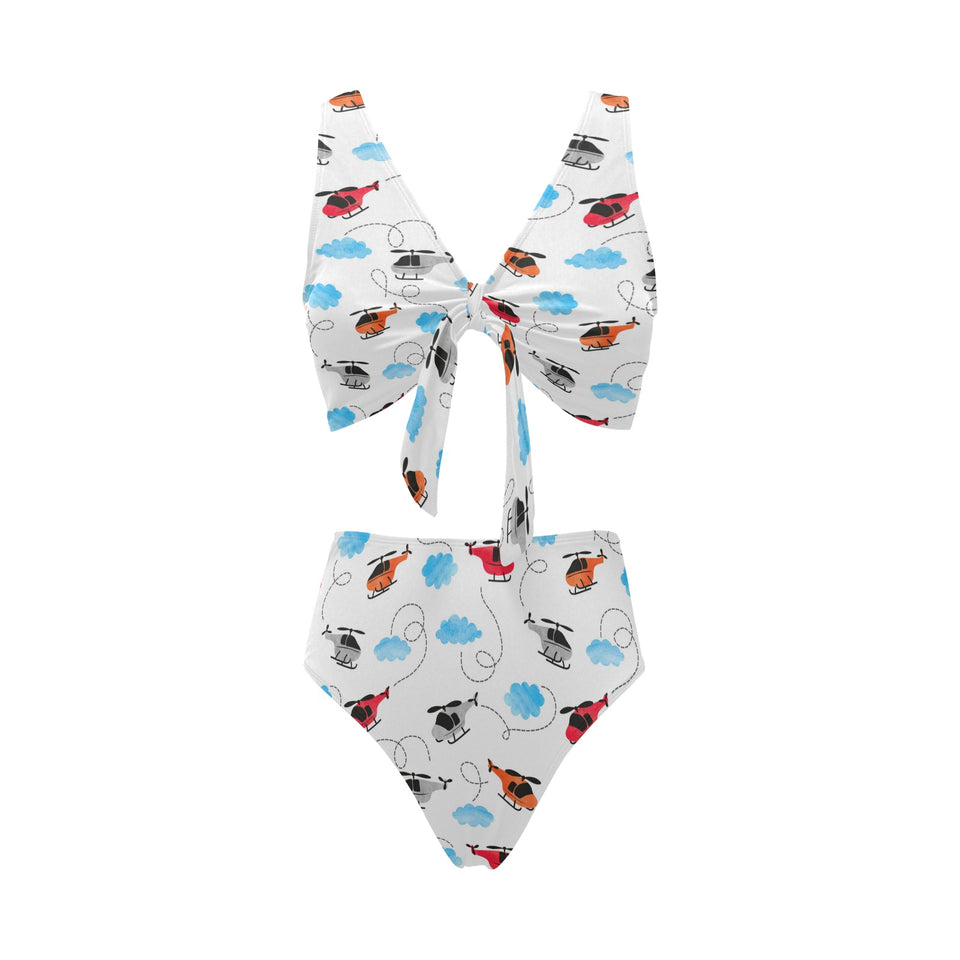 Watercolor helicopter cloud pattern Chest Bowknot High Waisted Bikini Swimsuit