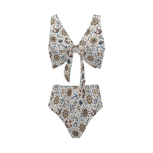 Cute nautical steering wheel anchor pattern Chest Bowknot High Waisted Bikini Swimsuit