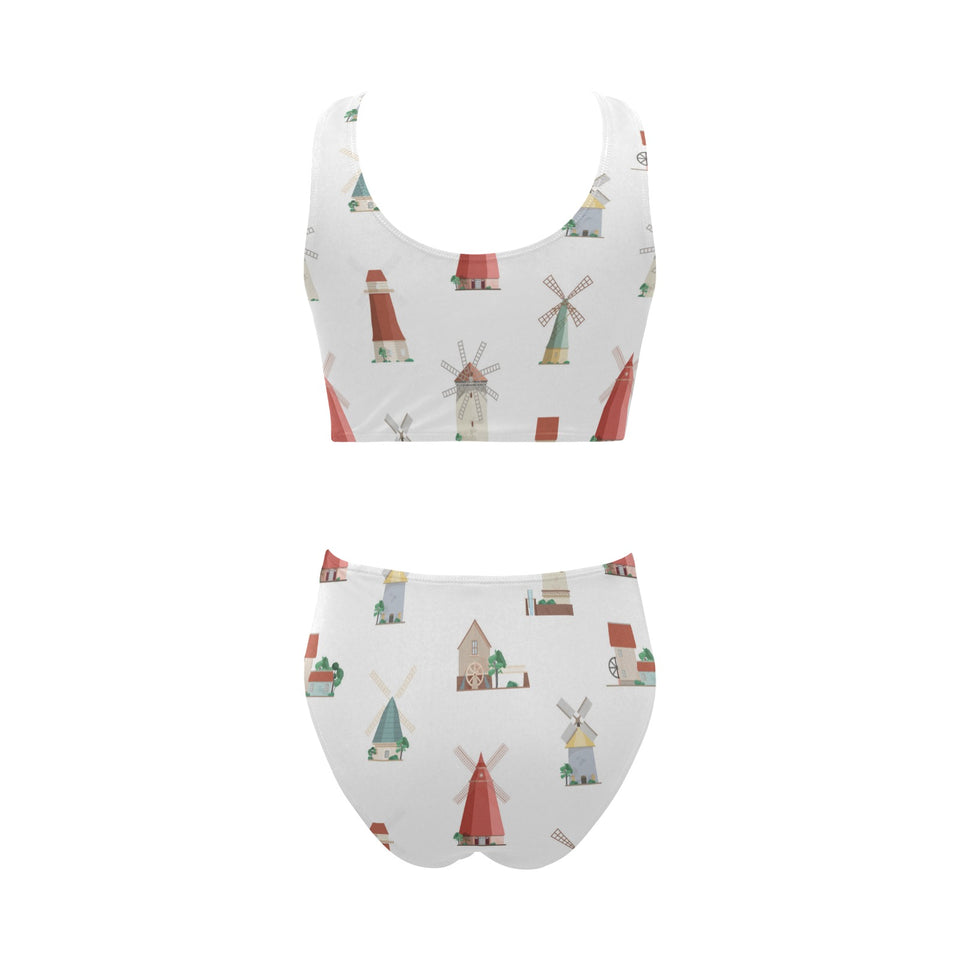 windmill design pattern Chest Bowknot High Waisted Bikini Swimsuit