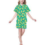 Pineapples pattern green background Kids' Boys' Girls' V-Neck Short Pajama Set