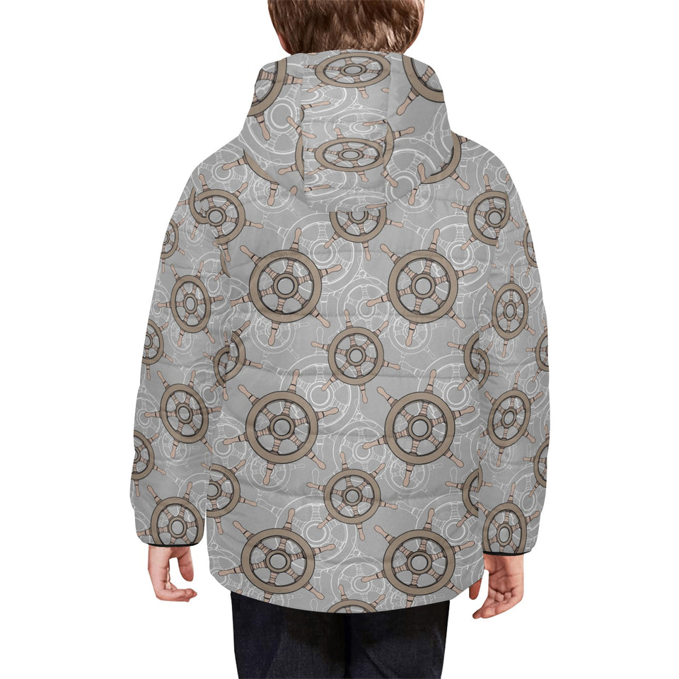 nautical wood steering wheel pattern Kids' Boys' Girls' Padded Hooded Jacket