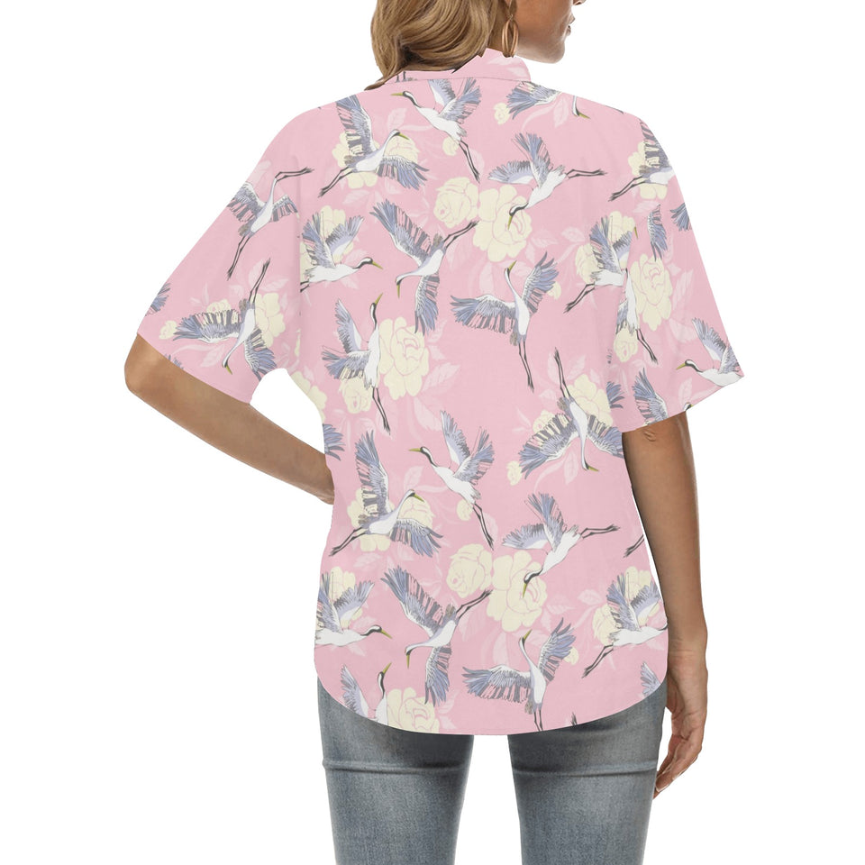 Japanese crane rose pattern Women's All Over Print Hawaiian Shirt