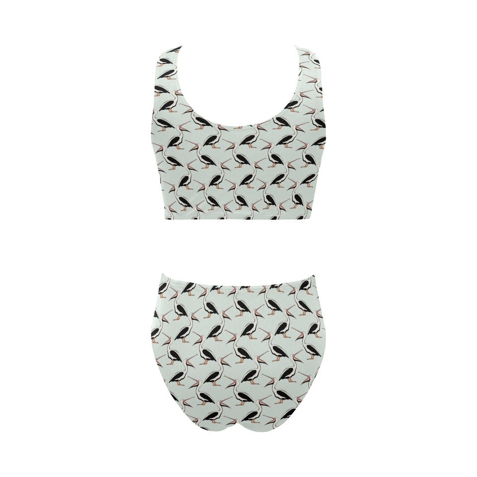 Pelican Pattern Print Design 02 Chest Bowknot High Waisted Bikini Swimsuit
