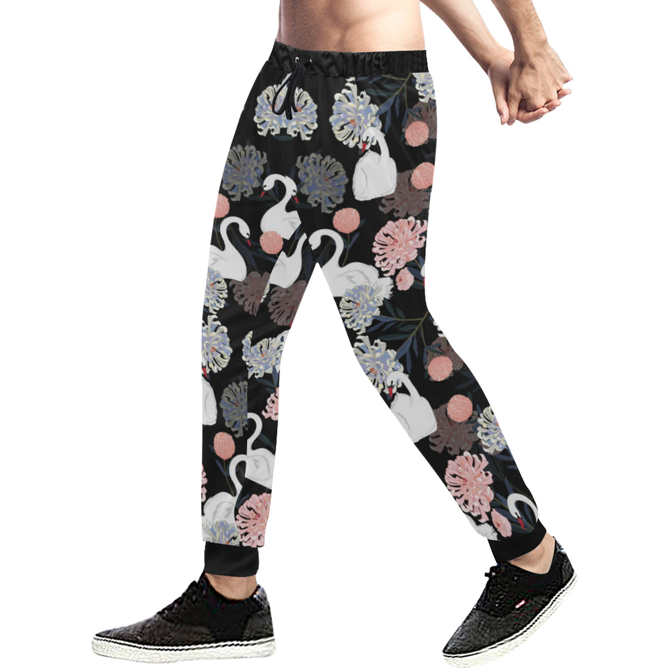 white swan blooming flower pattern Unisex Casual Sweatpants