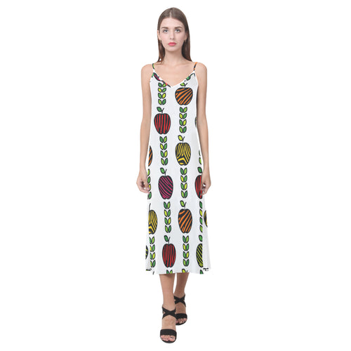 colorful apples leave zebra stripe V-Neck Open Fork Long Dress