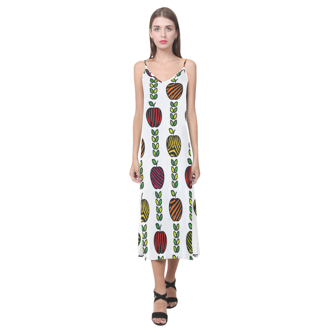 colorful apples leave zebra stripe V-Neck Open Fork Long Dress