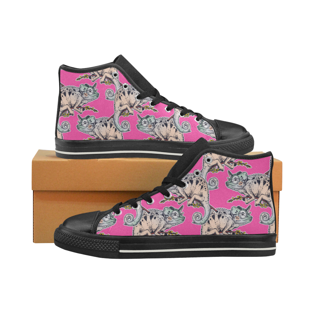 Chameleon lizard pattern pink background Men's High Top Canvas Shoes Black