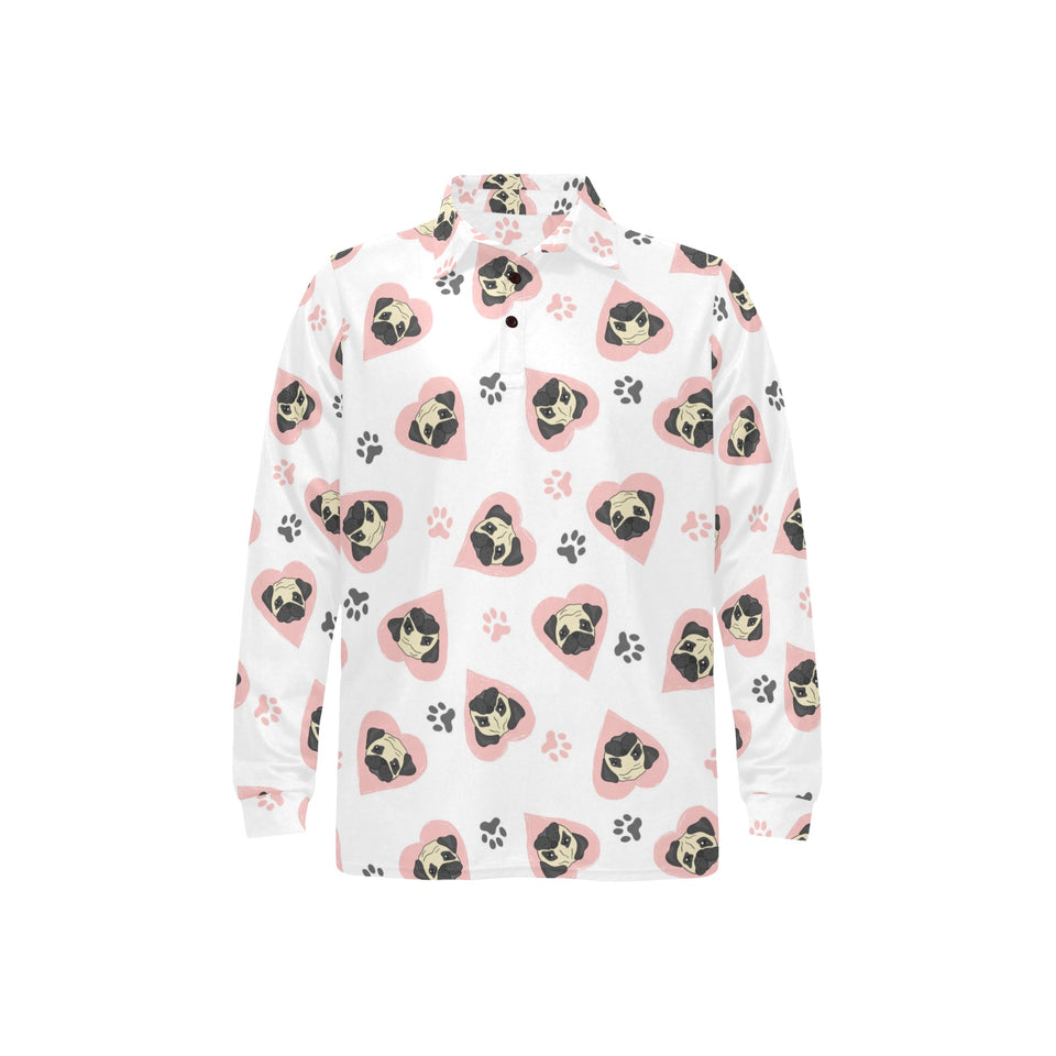 Cute pugs pink heart paw pattern Men's Long Sleeve Polo Shirt