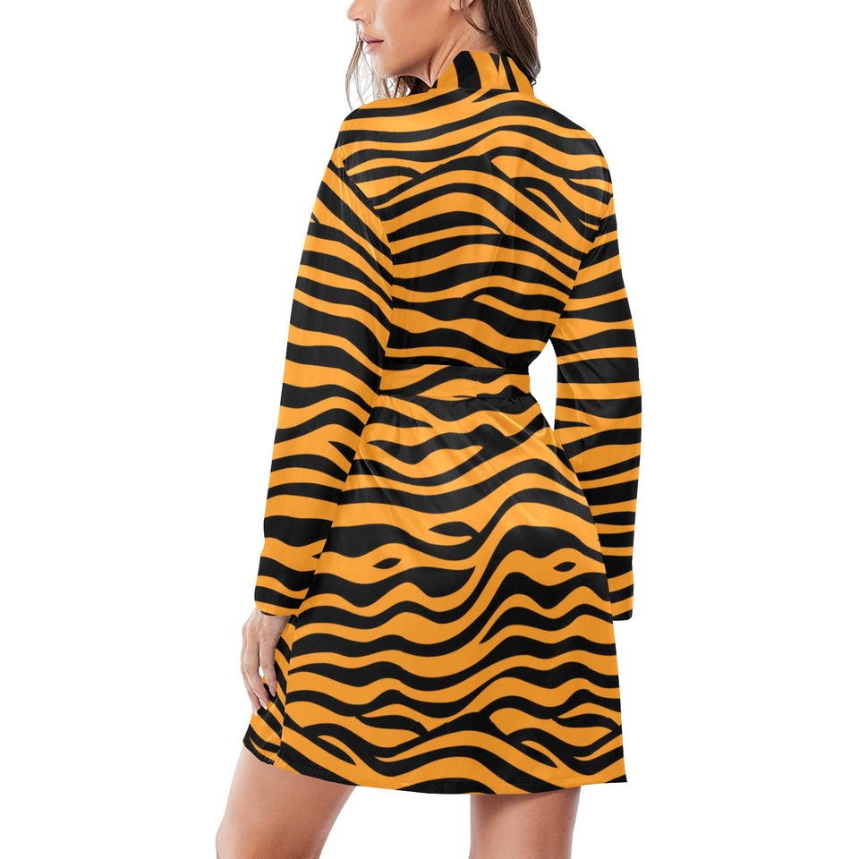 Bengal tigers skin print pattern background Women's Long Sleeve Belted Night Robe