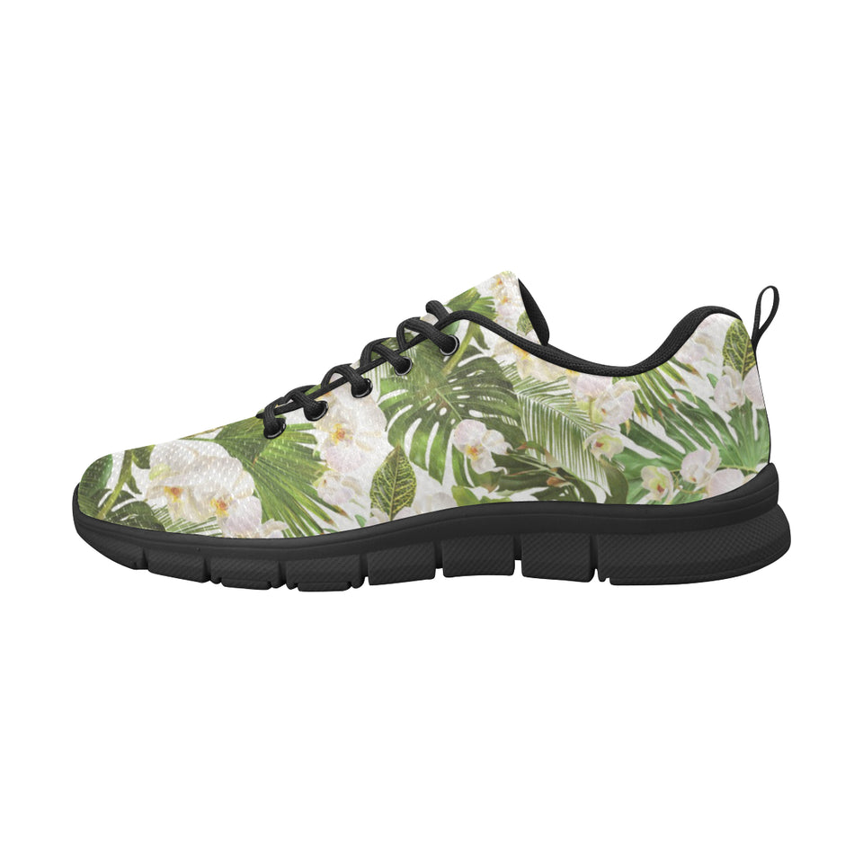White orchid flower tropical leaves pattern Women's Sneaker Shoes