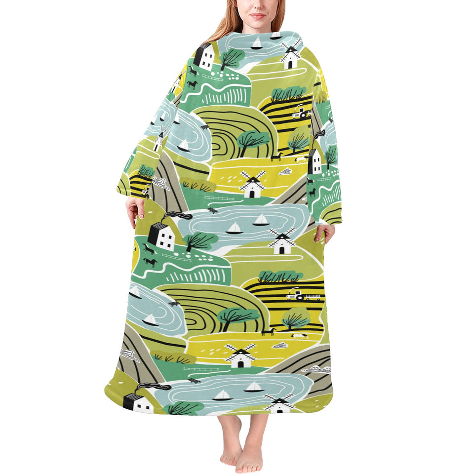 Hand drawn windmill pattern Blanket Robe with Sleeves