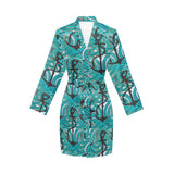 Anchor nautical green background Women's Long Sleeve Belted Night Robe