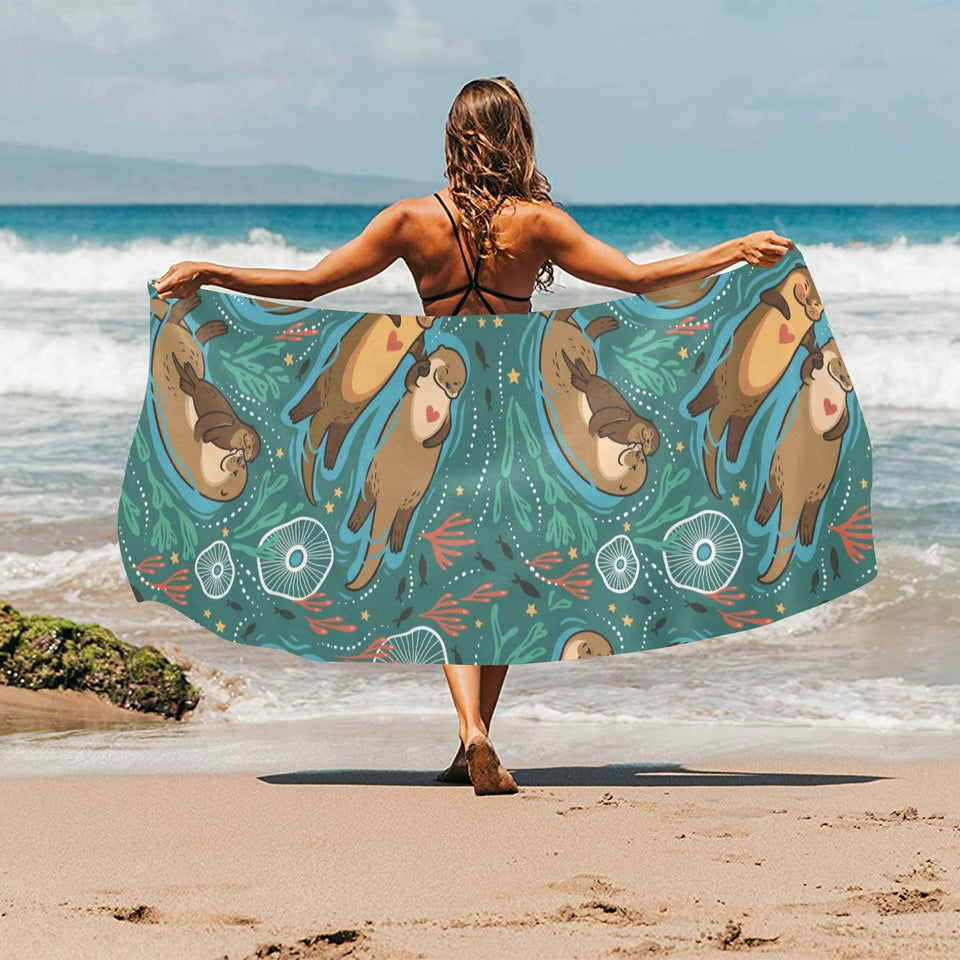 cute brown sea otters ornamental seaweed corals gr Beach Towel