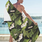 White orchid flower tropical leaves pattern blackg Beach Towel
