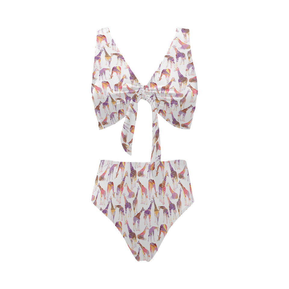 Giraffe Pattern Print Design 02 Chest Bowknot High Waisted Bikini Swimsuit