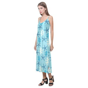 Blue starfish coral reef pattern V-Neck Open Fork Long Dress