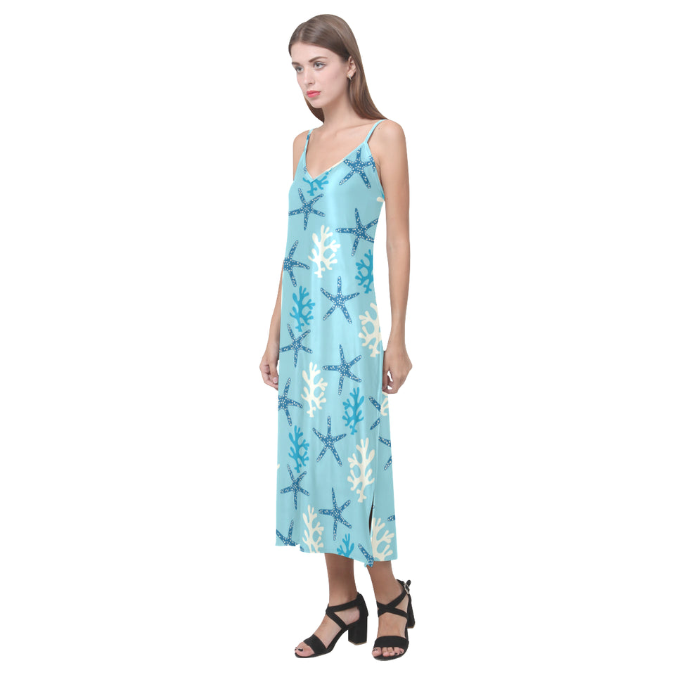 Blue starfish coral reef pattern V-Neck Open Fork Long Dress