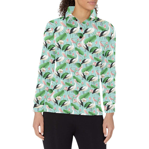 Pelican Pattern Print Design 01 Women's Long Sleeve Polo Shirt