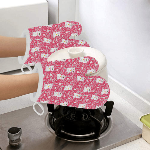 Maneki neko cat sakura pink background Heat Resistant Oven Mitts