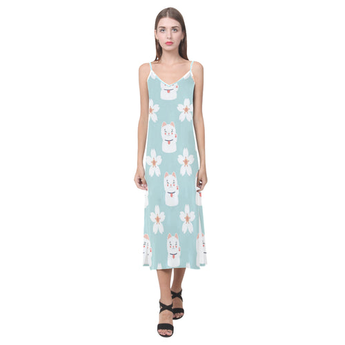Maneki neko cat sakura V-Neck Open Fork Long Dress