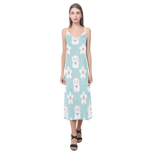 Maneki neko cat sakura V-Neck Open Fork Long Dress