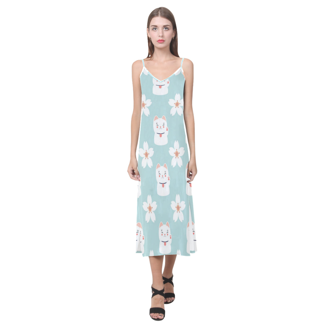 Maneki neko cat sakura V-Neck Open Fork Long Dress