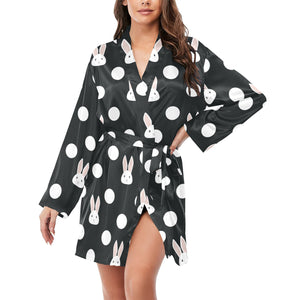 Cute white rabbit polka dots black background Women's Long Sleeve Belted Night Robe