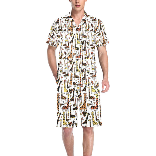 Giraffe Pattern Print Design 05 Men's V-Neck Short Pajama Set