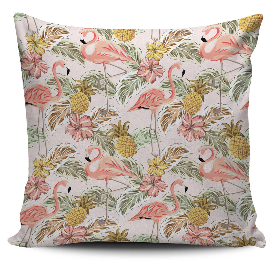 Pink Flamingo Birds Pineapples Hibiscus Flower Pattern Pillow Cover