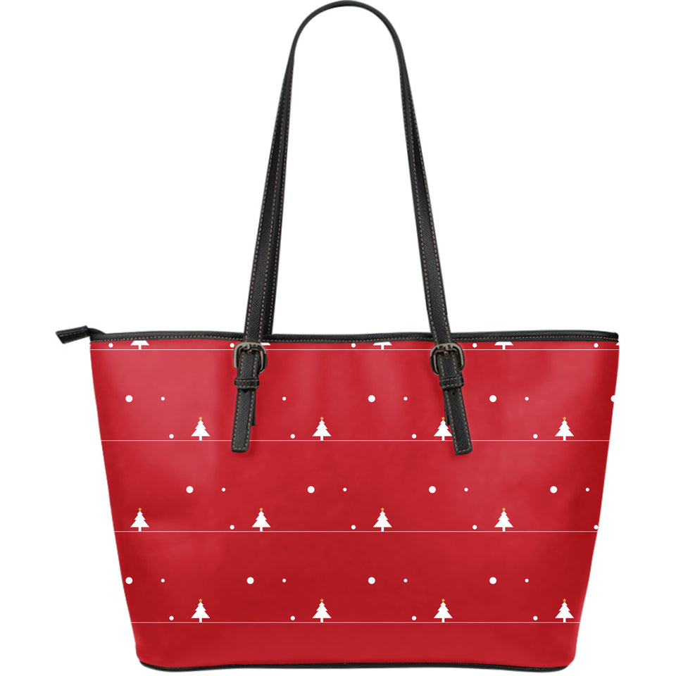 Christmas Tree Star Snow Red Background Large Leather Tote Bag