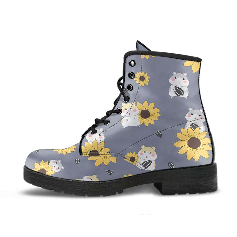 Cute Hamster Sunflower Pattern Background Leather Boots