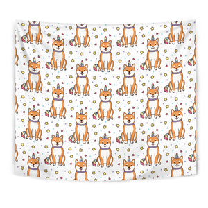 Shiba Inu Unicorn Costume Horn Colorful Tail Pattern Wall Tapestry