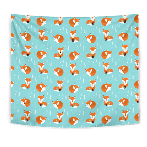 Fox Pattern Blue B Ackground Wall Tapestry