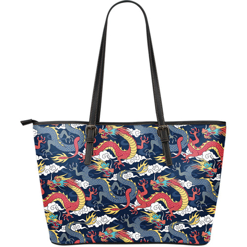 Blue Red Dragon Cloud Pattern Large Leather Tote Bag