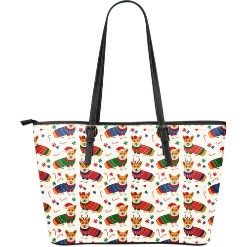 Corgi Christmas Pattern Large Leather Tote Bag