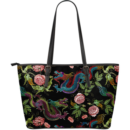 Dragons Flower Pattern Large Leather Tote Bag