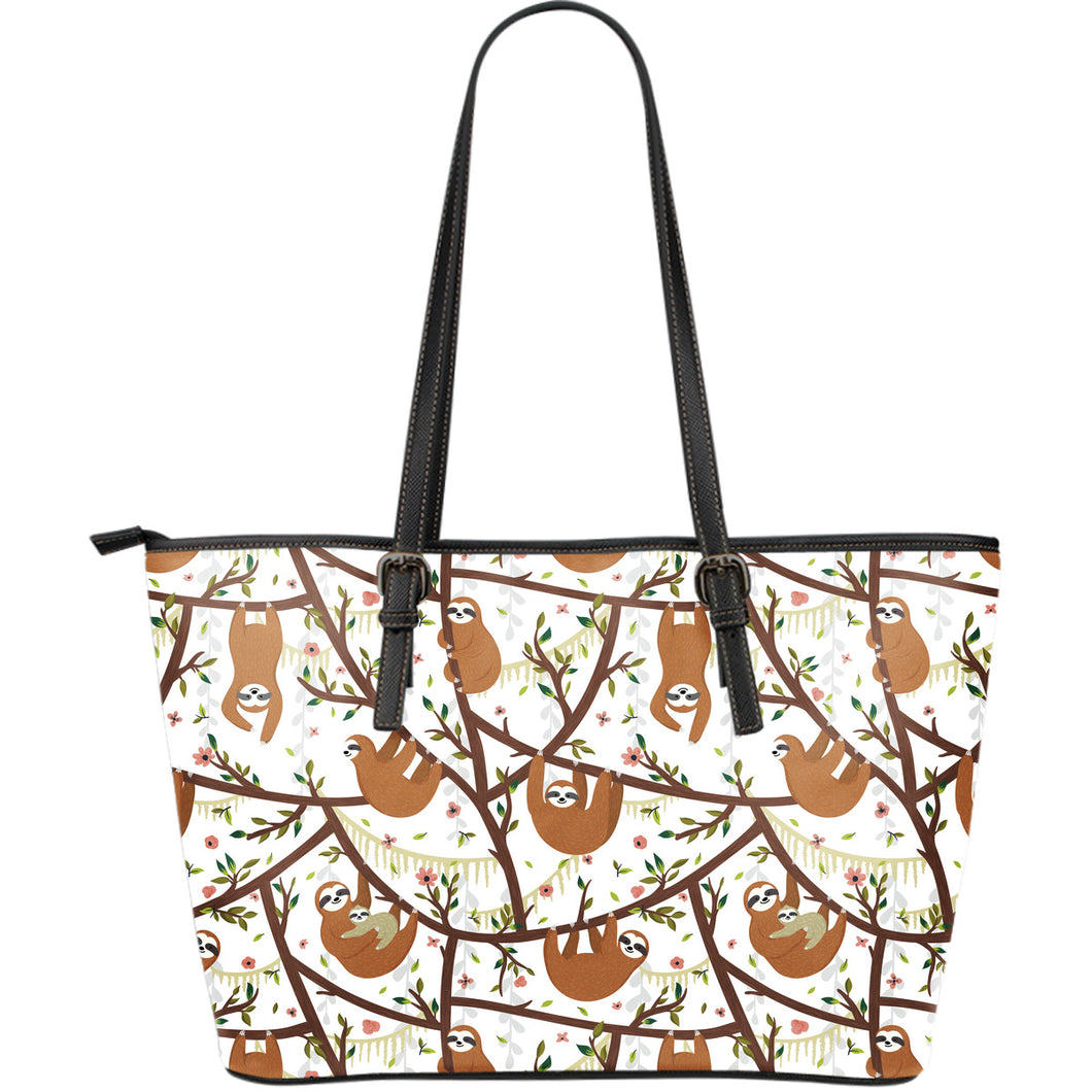Sloths Hanging On The Tree Pattern Large Leather Tote Bag
