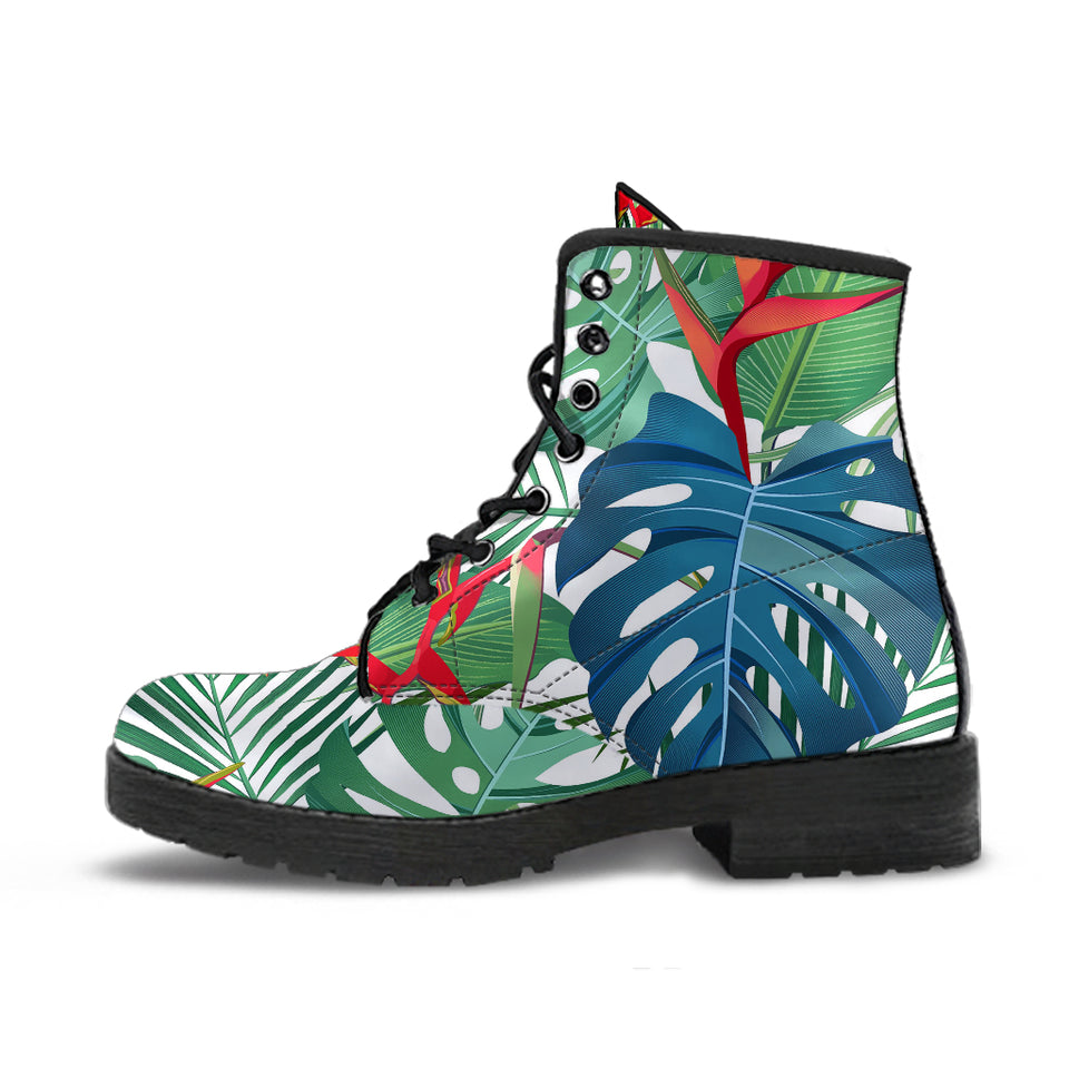 Heliconia Palm And Monstera  Leaves Pattern Leather Boots