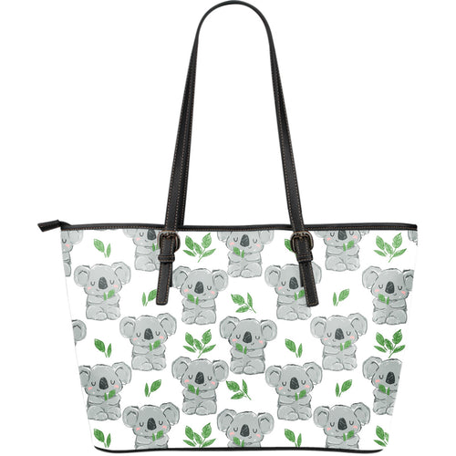Hand Drawn Koala Leaves Pattern Large Leather Tote Bag