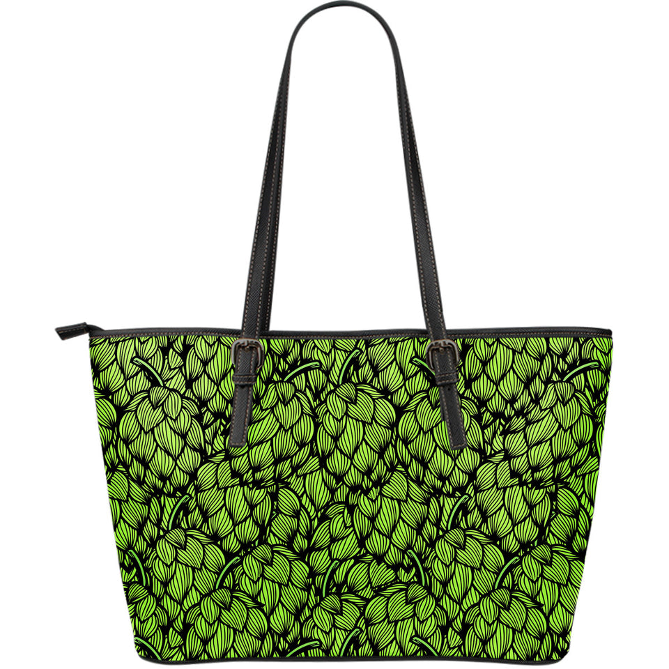 Green Hop Pattern Large Leather Tote Bag