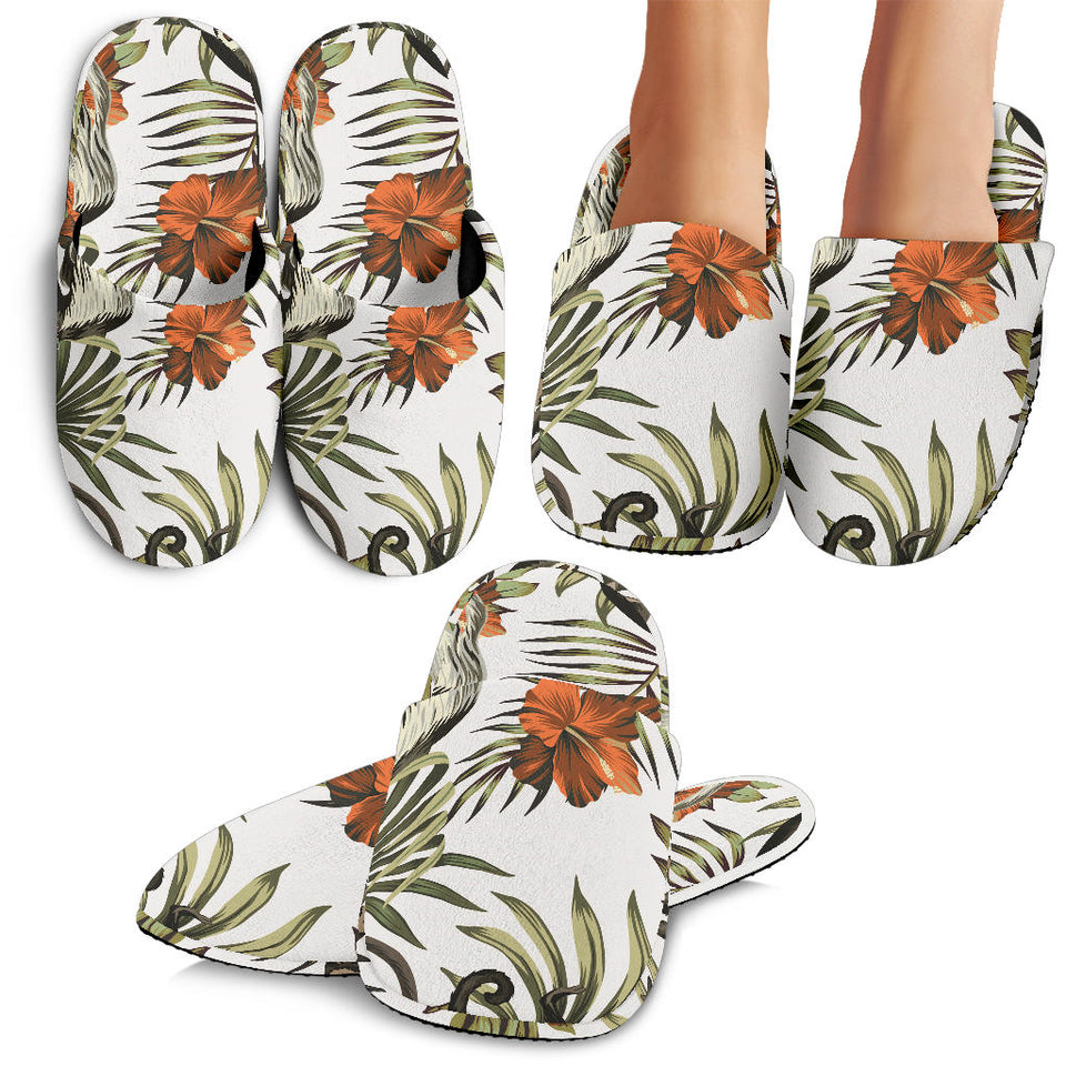 Monkey Red Hibiscus Flower Palm Leaves Floral Pattern Slippers