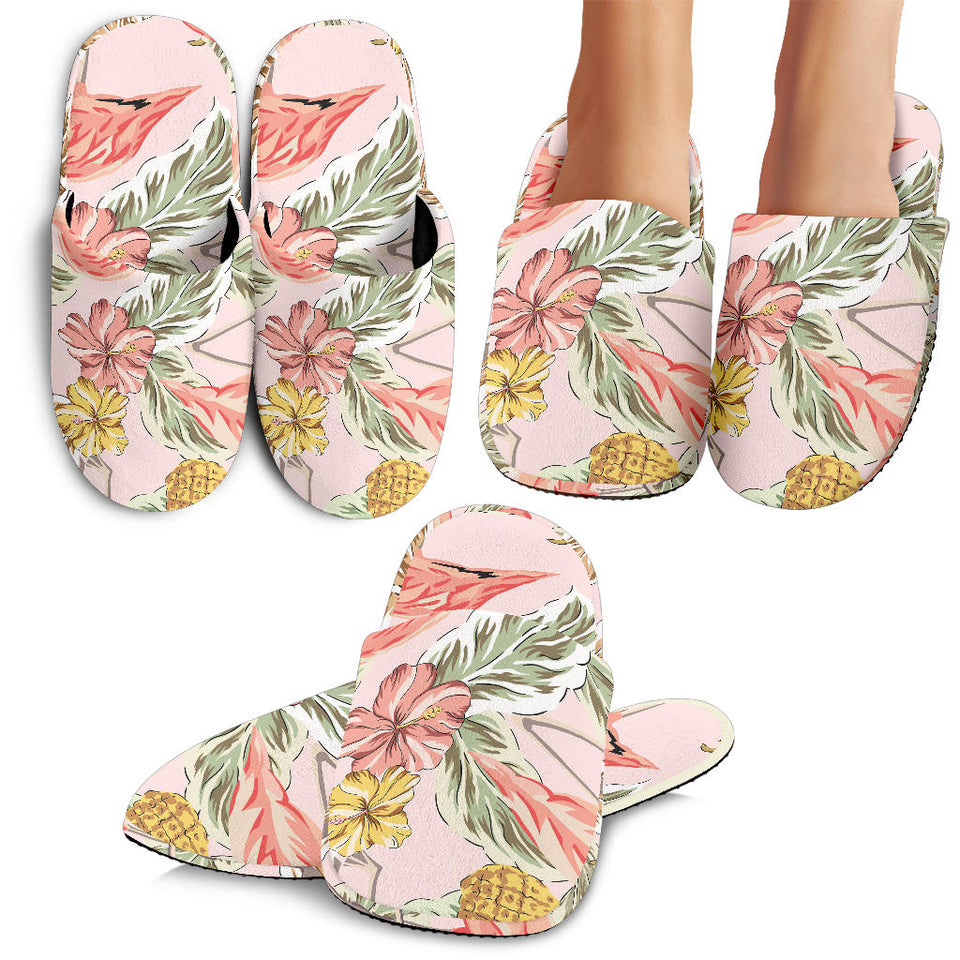 Pink Flamingo Birds Pineapples Hibiscus Flower Pattern Slippers