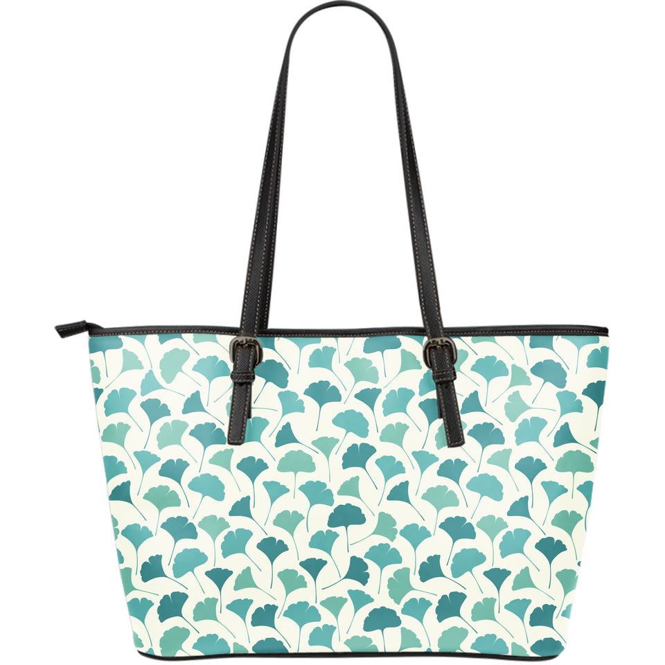 Green Ginkgo Leaves Pattern Large Leather Tote Bag