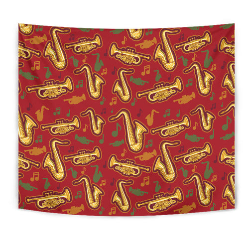 Saxophone Cornet Pattern Red Background Wall Tapestry