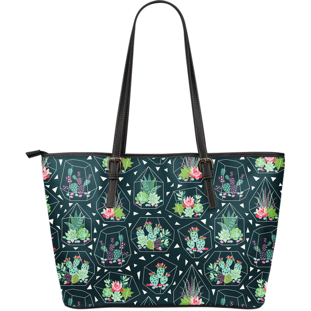 Cactus Glass Terrarium Pattern Large Leather Tote Bag