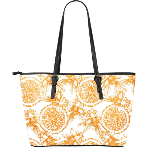 Hand Drawn Orange Fruit Pattern Large Leather Tote Bag