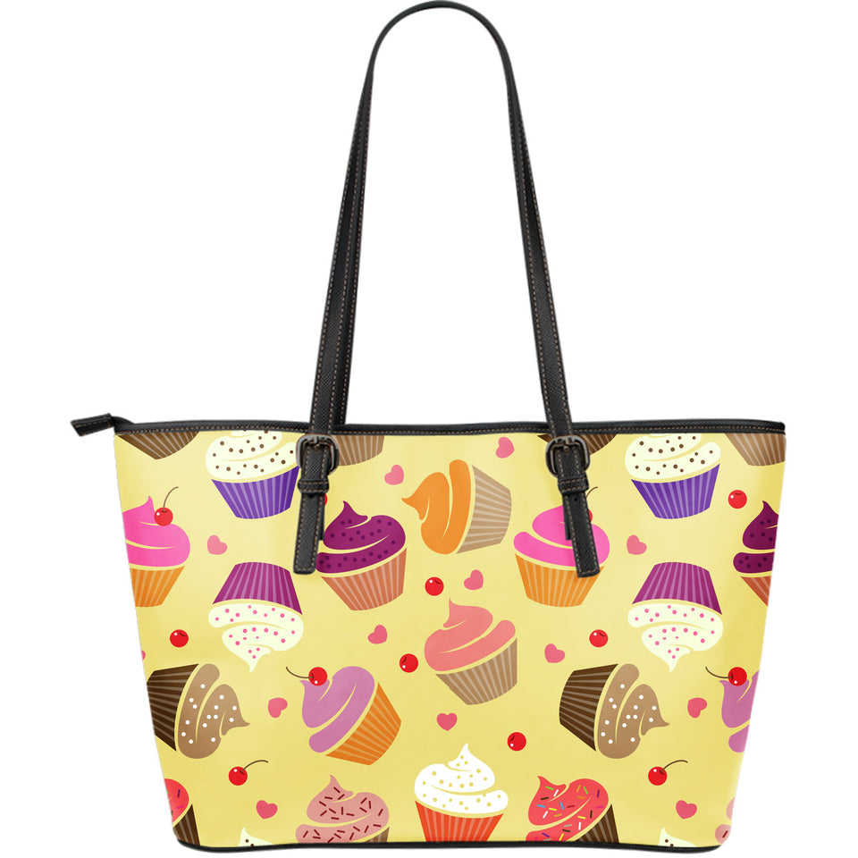 Cake Cupcake Heart Cherry Pattern Large Leather Tote Bag